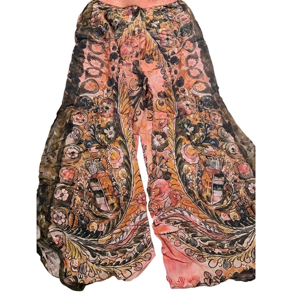 Natural Life Boho Floral Wide Leg Pants Small Coral Palazzo Elastic Waist - Picture 11 of 13